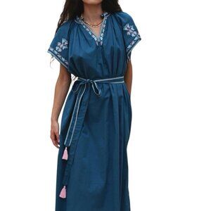 Ex Voto Bri Embroidered Blue Midi Dress M/L NWT Lined Tassel Belt $269
